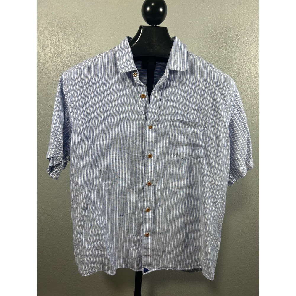 UNTUCKit Mens XL Blue White Striped 100% Linen Wrinkle Resistant SS Shirt